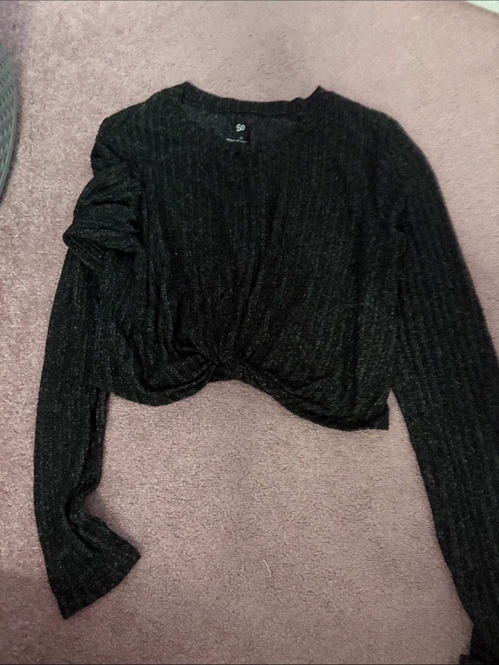 SO Black Ribbed Twist-Front Long Sleeve Top